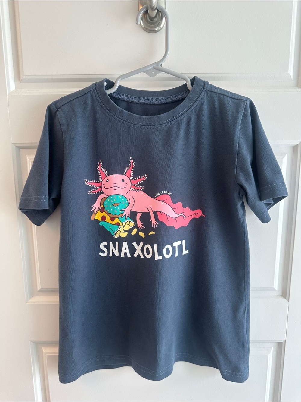 Life Is Good Navy Tee with Pink Snaxolotl Graphic